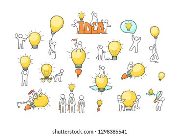 Cartoon lamp ideas with little people. Comic hand drawn collection with workers. Vector isolated on white background.