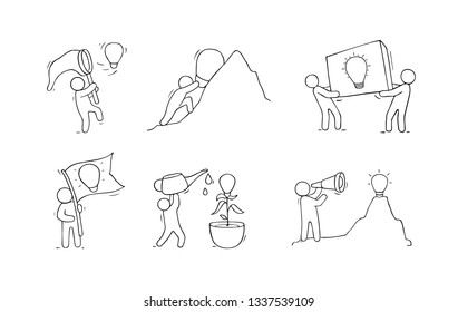 Cartoon lamp ideas with little people. Comic hand drawn collection with workers. Vector isolated on white background.