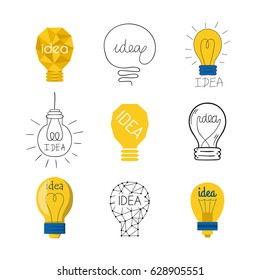 Cartoon lamp light bulb design flat vector illustration electric idea bright graphic solution concept.