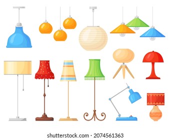 Cartoon lamps. Home interior floor and table torcheres with different lampshades, room illumination. Isolated furniture, neat decor vector set. Illustration of furniture lamp, home interior