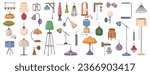 Cartoon lamps set, furniture chandelier, floor and table lamps in flat cartoon style. Chandeliers, illuminator, flashlight elements of modern interior. Vector illustration of illumination equipment
