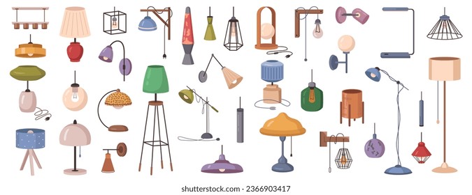 Cartoon lamps set, furniture chandelier, floor and table lamps in flat cartoon style. Chandeliers, illuminator, flashlight elements of modern interior. Vector illustration of illumination equipment
