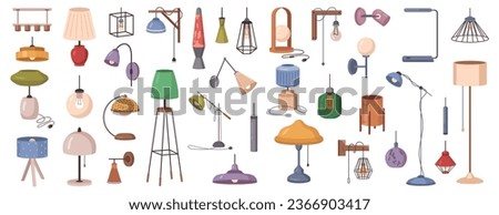 Cartoon lamps set, furniture chandelier, floor and table lamps in flat cartoon style. Chandeliers, illuminator, flashlight elements of modern interior. Vector illustration of illumination equipment