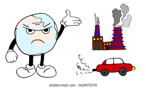 Cartoon land angry at environmental issues. Against factory smoke and car exhaust. Vector hand-drawn illustration and isolated on a white background.