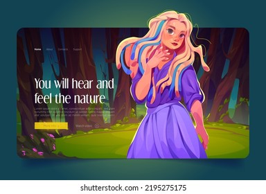 Cartoon landing page with beautiful girl on nature landscape. Young woman forest fairy, wood nymph or dryad with dreadlocks wear long ancient dress invite to hear and feel nature, Vector web banner