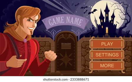 Cartoon landing page for a computer game. A fantasy character who approaches a mysterious castle. Gothic cemetery and gloomy ruins. Night, moon and bats. Game interface elements. Logo and buttons