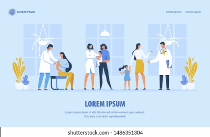 Cartoon Landing Page. Innovative Ways in Disease Treatment Presentation and Vaccination Motivation. Flat Vector Visitors Queue. Immunity Protection, Infections Prevention and Healthcare Illustration