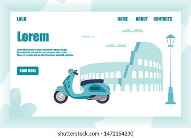 Cartoon Landing Page Offering Exciting Romantic Trip on Moped. Travelling By Motorcycle through Famous Showplace and Architecture Landmark. Vector Flat Illustration with Place for Text and Menu