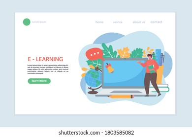 Cartoon Landing Page Web Template with teacher. Online Education, e-learning Concept. Distance Education using information technology. Vector Illustration 