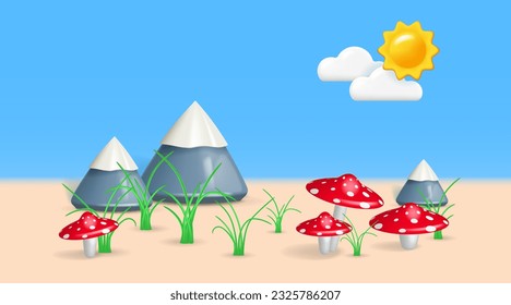 Cartoon Landschaft mit 3D-Objekten. Schneebedeckte Berge und rote Giftpilze auf dem Rasen