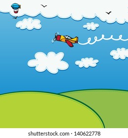 cartoon landscape cartoon landscape with airplane and zeppelin cartoon landscape cute commercial grass travel airplane holiday scene expedition tourism sky cloud flying transport blue journey clouds p