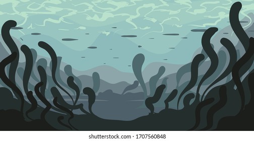 Kartoonlandschaft von Algen unter Wasser. Flaches Landschaftsbild, Vektorillustration.