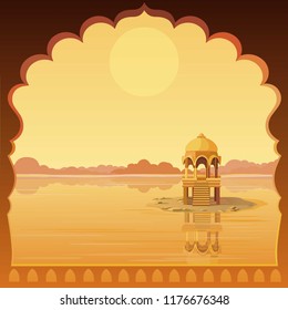 Cartoon landscape: the ancient Indian palace, view from the window, arbour in the river. The place for the text. Vector illustration.