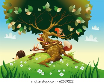 Cartoon landscape with animals. Vector illustration, isolated objects