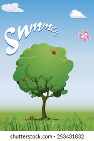 Cartoon landscape with apple tree. Vector illustration