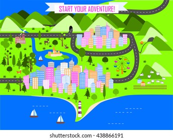 Cartoon landscape background. Map landscape with cities, mountains, roads, sea, lake, forest and mountains. Adventure space.