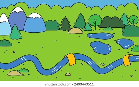 Cartoon Landscape Background with River, Meadow, Forest and Mountains. Vector Nature Illustration 