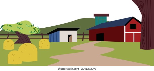 Cartoon landscape backround of farmland with hay bales