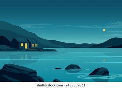 Cartoon landscape with cabin on lake. Minimal nature background with wooden house on lake shore, trees and mountains at twilight. Modern vector flat illustration.