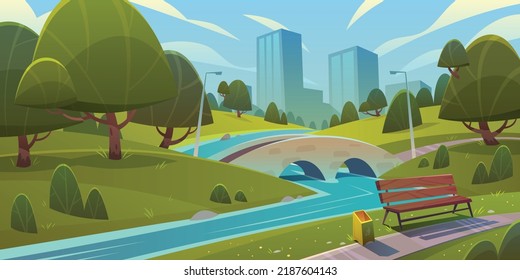 Cartoon Landscape Of City Park With River Bridge Empty Bench And Buildings In Background Vector Illustration