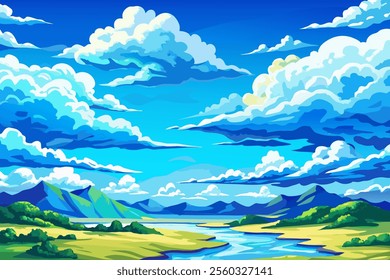 Cartoon landscape with clouds and river