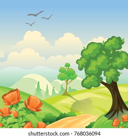 Cartoon landscape with clouds, trees and flowers