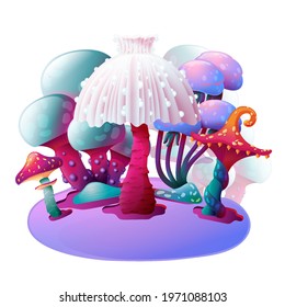 Cartoon Landscape of Colorful Fantasy Magic Mushroom Vector Design Isolated on a White Background. Fungus, Unrealistic Uneartly Botany with Luminous Caps. For Game Concept, Cartoon, Alien Backdrop