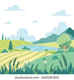 Cartoon Landscape of Countryside Field and Hills