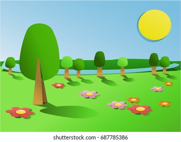 Cartoon landscape with cut out paper elements