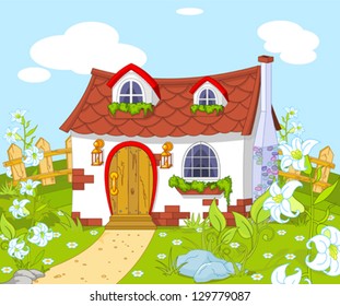 Cartoon landscape with Cute little house