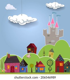 Cartoon landscape with cute little houses. Vector illustration