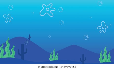 Cartoon landscape depicting the bottom of the ocean with cacti, seaweed, starfish and bubbles