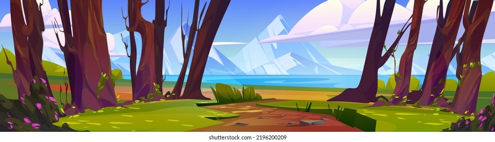 Cartoon landscape with dirt road in forest and mountain lake scenery view. Summer nature background with tree trunks, rocks, green grass, bushes and sunlight spots on ground, vector illustration