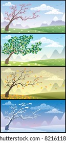 Cartoon landscape during the four seasons. 