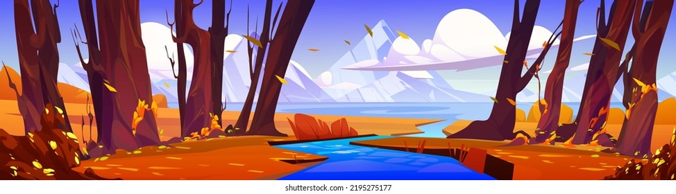 Cartoon landscape in fall with stream flow into mountain lake under tree trunks and orange grassy shores. Wild nature background, beautiful scenery view, autumn wood with plants, Vector illustration