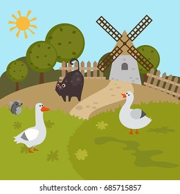 Cartoon landscape with farm animals. Rural landscape.