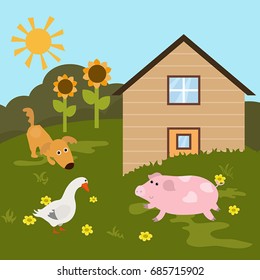 Cartoon landscape with farm animals. Rural landscape.