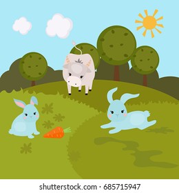 Cartoon landscape with farm animals. Rural landscape.