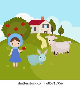 Cartoon landscape with farm animals. Rural landscape.