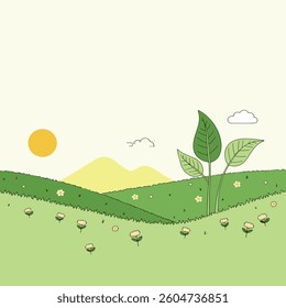 A cartoon landscape featuring green fields, mountains, a sun, a cloud, and various flowers and plants.
