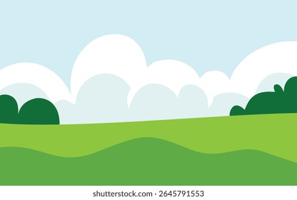 A Cartoon Landscape Featuring Green Hills, Fluffy White Clouds, And A Light Blue Sky.