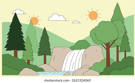 A cartoon landscape featuring a waterfall, trees, clouds, and suns in a simple, colorful style. Ideal for children's illustrations.
