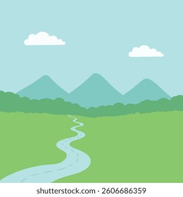 A cartoon landscape featuring a winding river through a green field, with mountains in the background and clouds in the sky.
