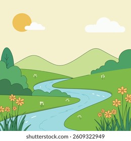 A cartoon landscape featuring a winding river, green hills, trees, flowers, and a sunny sky with clouds.
