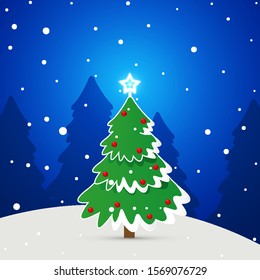 Cartoon landscape of a festive Christmas tree on the background of Christmas trees, vector art illustration.