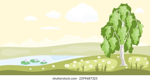 Cartoon landscape with fields, birch and water lily pond.