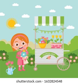 Cartoon landscape with a flower shop. Sunny day, amazing bouquet and summer illustration of nature. Girl with a flower bouquet.