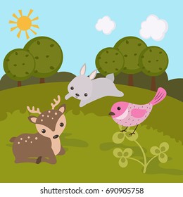 Cartoon landscape with forest animals. Forest landscape.
