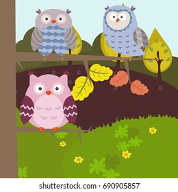 Cartoon landscape with forest animals. Forest landscape.