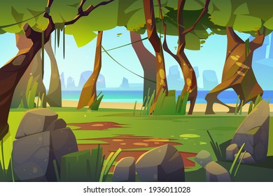 Cartoon landscape with forest and sea view, nature